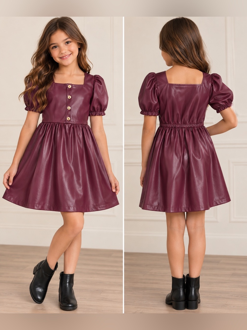 Vince Camuto Girls Size 10 Burgundy Faux Leather Puff Sleeve Dress